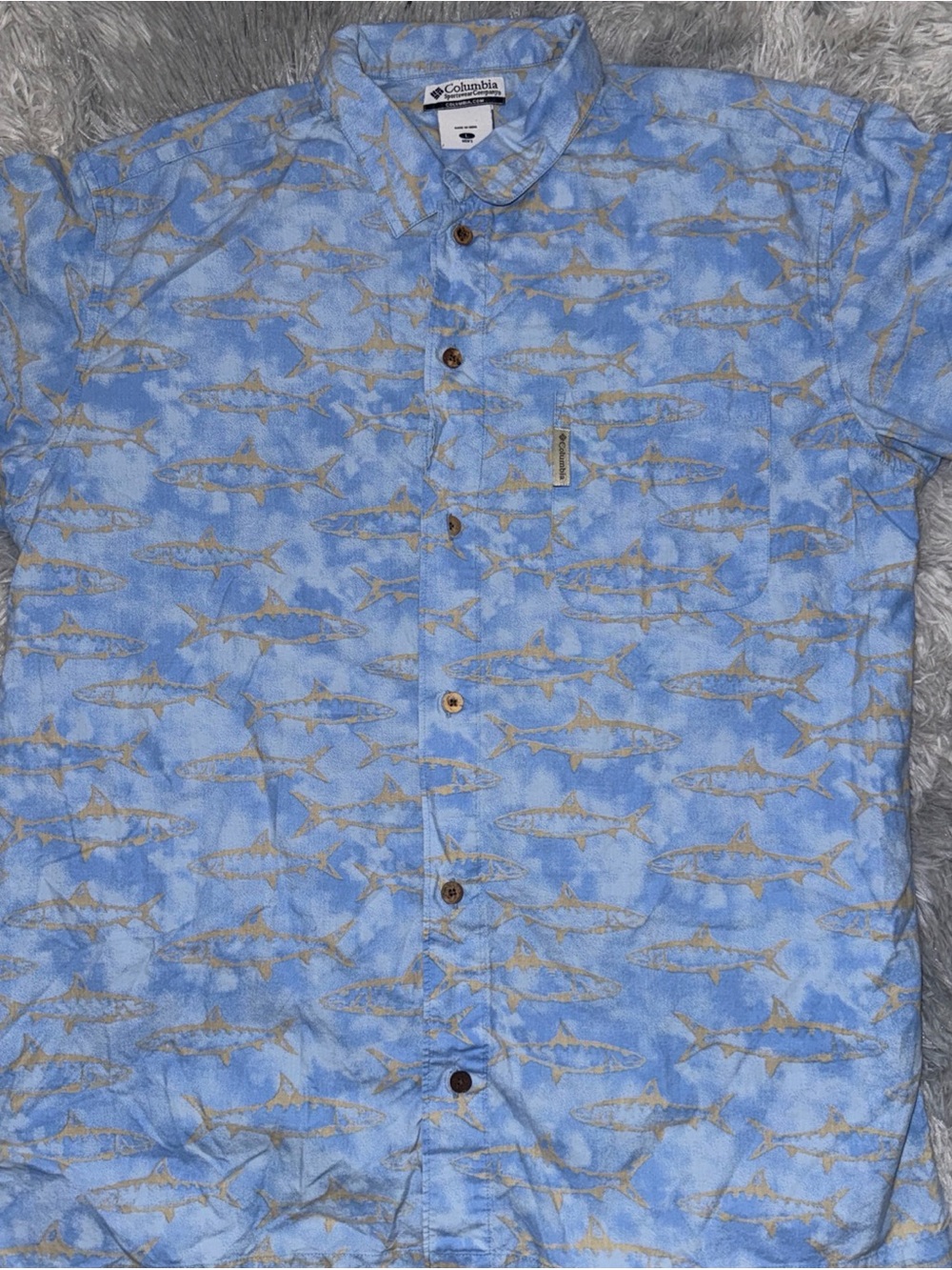 Columbia Light Blue & Tan Shark-Print Short Sleeve Button-Up